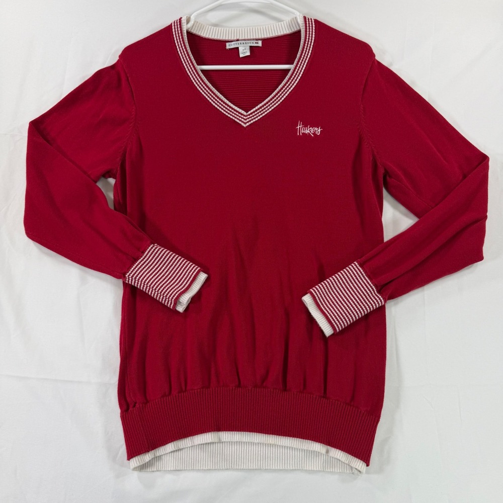 Cutter & Buck Nebraska Huskers Red V-Neck Sweater Womens Medium Collegiate Logo